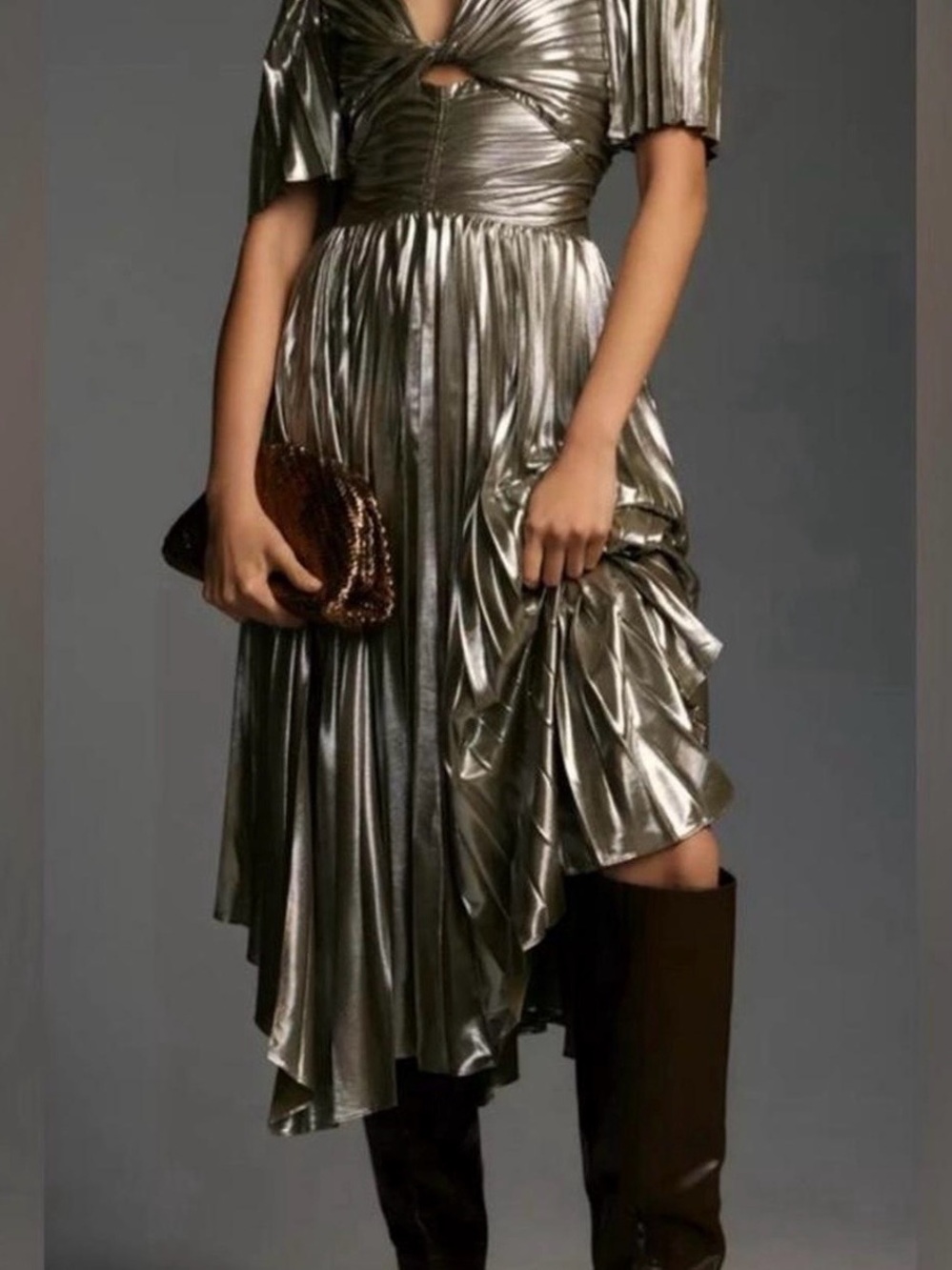 By Anthropologie Short-Sleeve Metallic Cutout Midi Dress - Size L